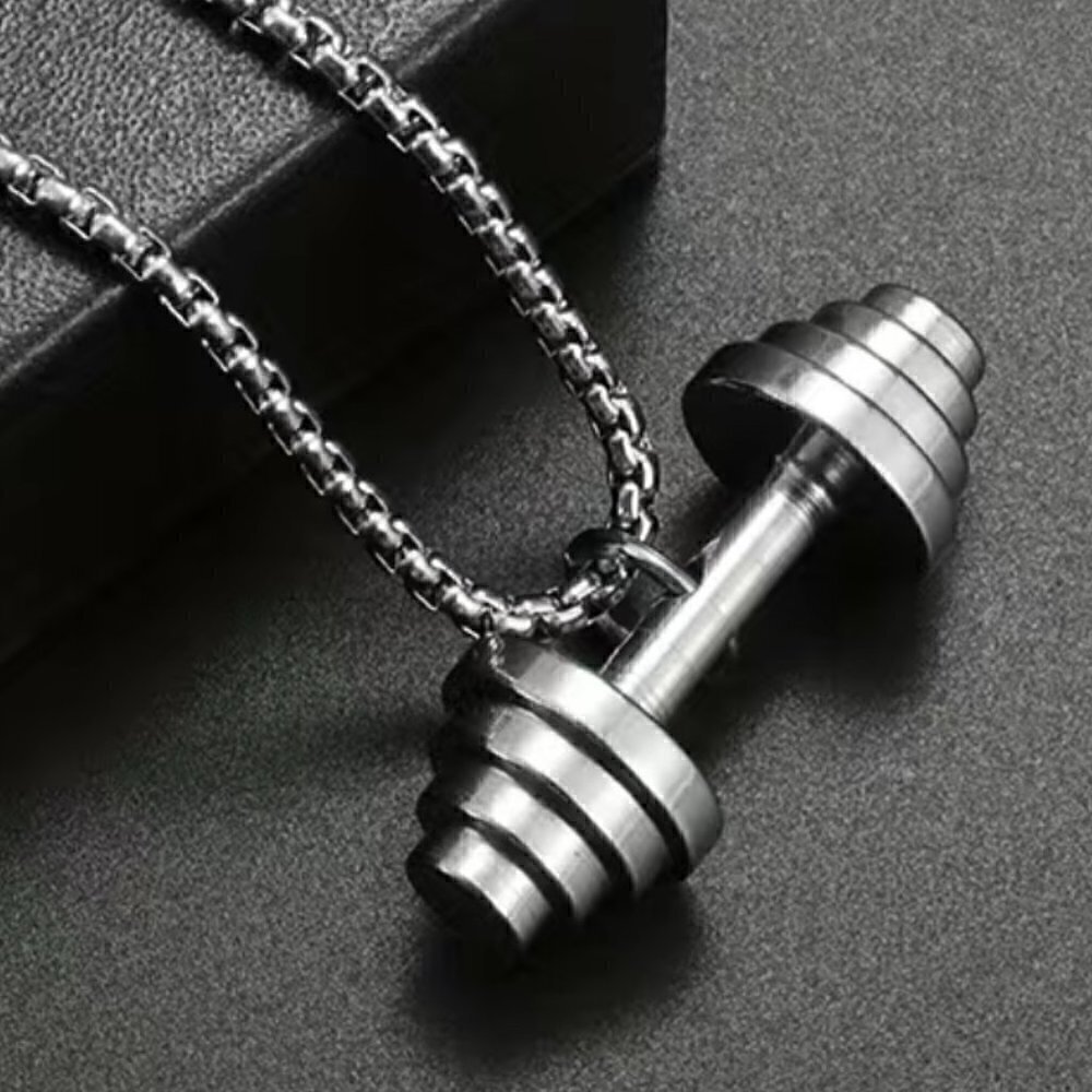 Dumbbell Tapered Weights Pendant and Necklace Stainless Steel (#846)